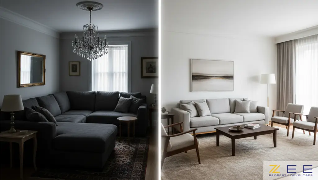 مقایسه یک اتاق با چیدمان نامناسب و تاریک در سمت چپ و یک اتاق روشن و متعادل در سمت راست