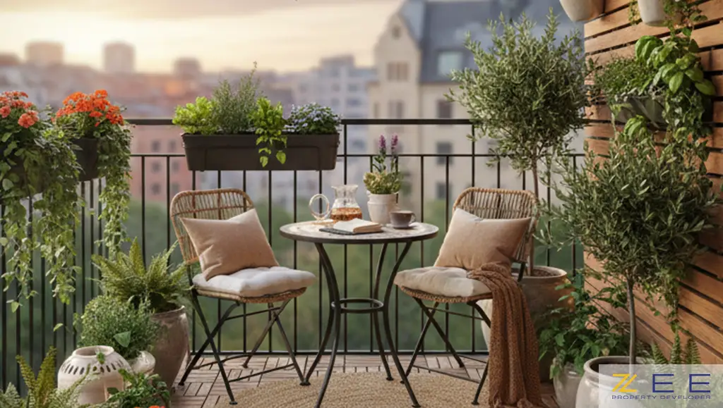 بالکن آرامشبخش با مبلمان تاشو، گیاهان و نمایی از شهر