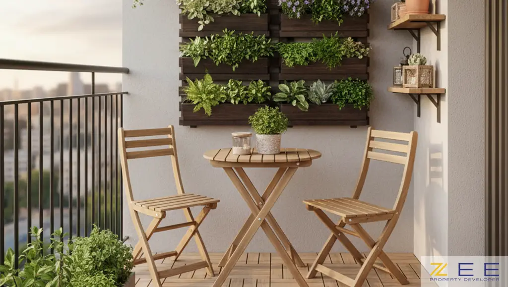 بالکن با میز و صندلی چوبی تاشو، باغچه عمودی و گلدانهای آویز