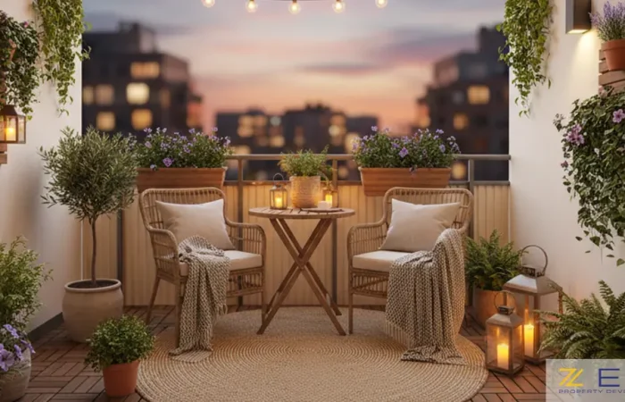 بالکن دنج و سرسبز با مبلمان حصیری و نورپردازی