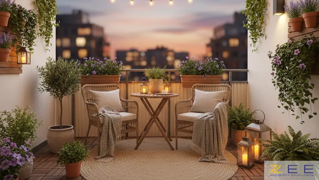 بالکن دنج و سرسبز با مبلمان حصیری و نورپردازی