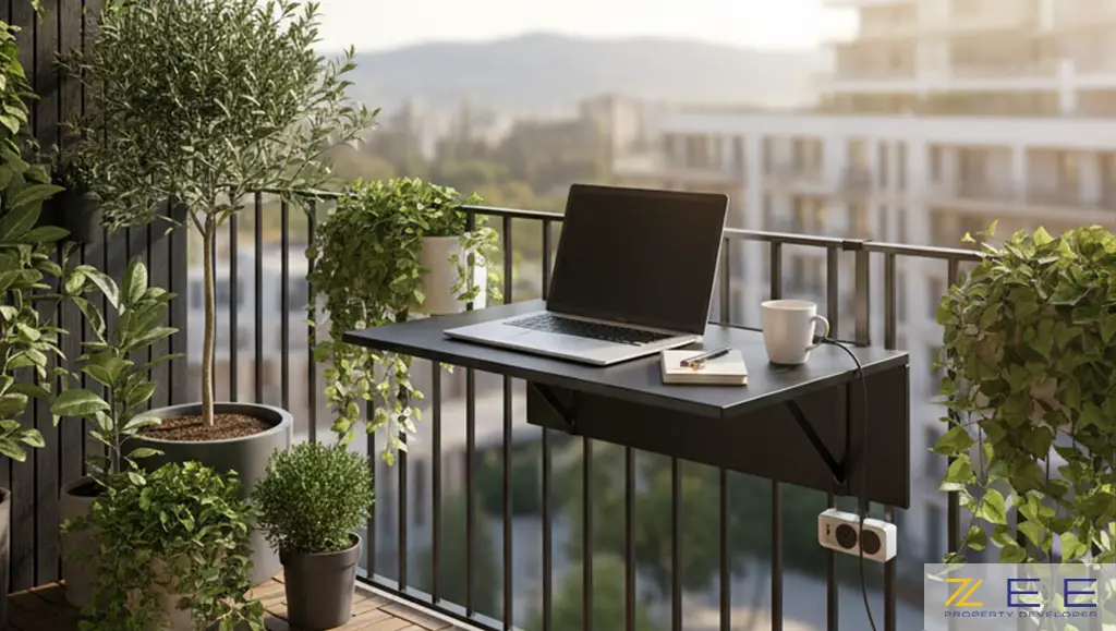 بالکن تبدیل شده به فضای کار با میز تاشو، لپتاپ، سایهبان و گلدانهای سبز