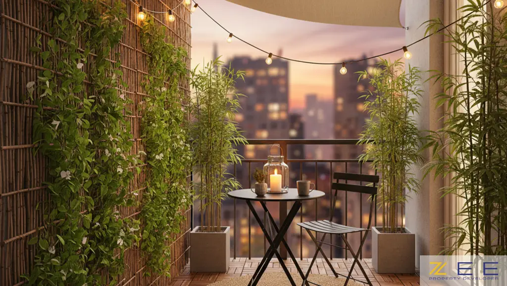 بالکن با حریم خصوصی ایجاد شده توسط حصیر بامبو، گیاهان بلند و سایهبان پارچهای