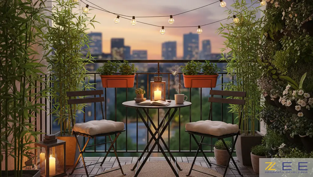 بالکن با کفپوش چوبی، ریسههای نوری، گیاهان متنوع و نورپردازی گرم شبانه