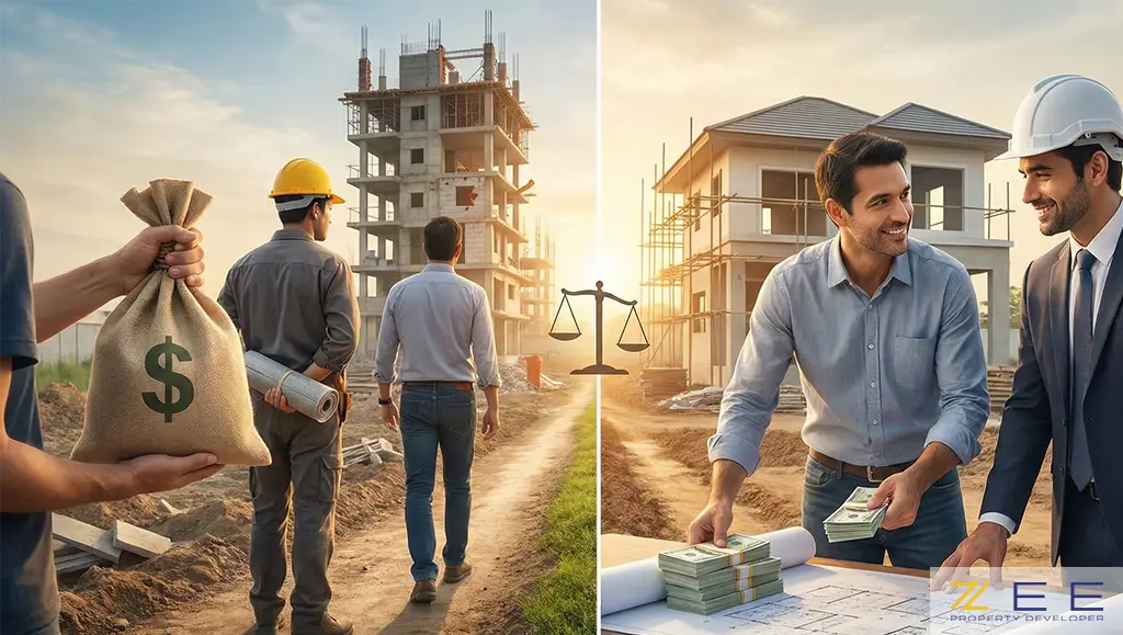 مقایسه تفاوت کیفیت، شفافیت و ریسک بین پیمانکاری سنتی (چپ) و مدیریت پیمان (راست)