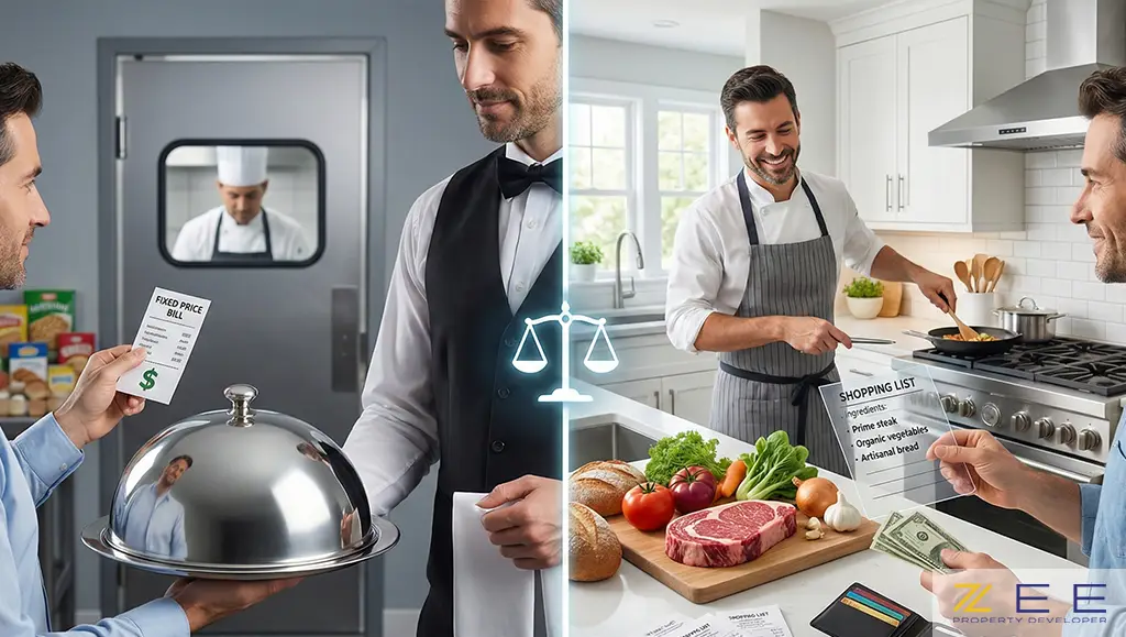 پیمانکاری عمومی مانند سفارش غذای آماده در رستوران (چپ) و مدیریت پیمان مانند استخدام سرآشپز خصوصی با مواد اولیه شفاف (راست)