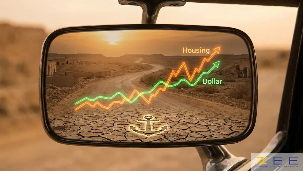 نمودار مقایسه رشد قیمت دلار و آینده بازار مسکن ایران تا ۵ سال آینده که همبستگی شدید این دو شاخص را نشان میدهد.