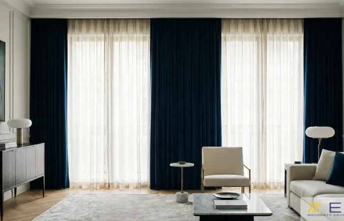 پرده‌های مخمل و حریر لوکس با نصب صحیح در اتاق پذیرایی