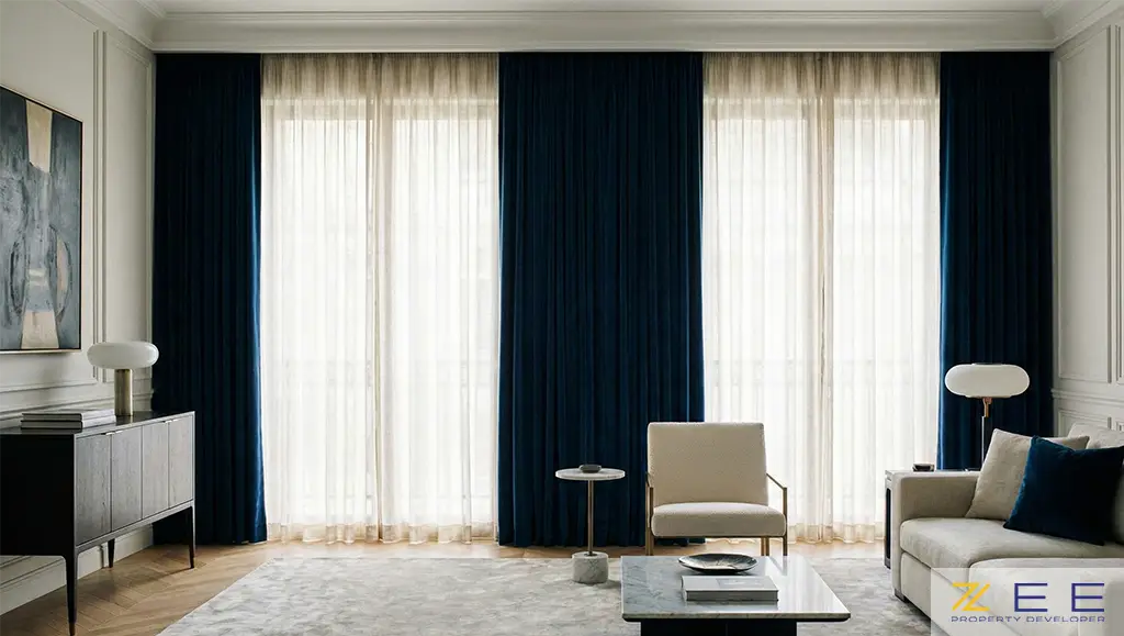 پرده‌های مخمل و حریر لوکس با نصب صحیح در اتاق پذیرایی