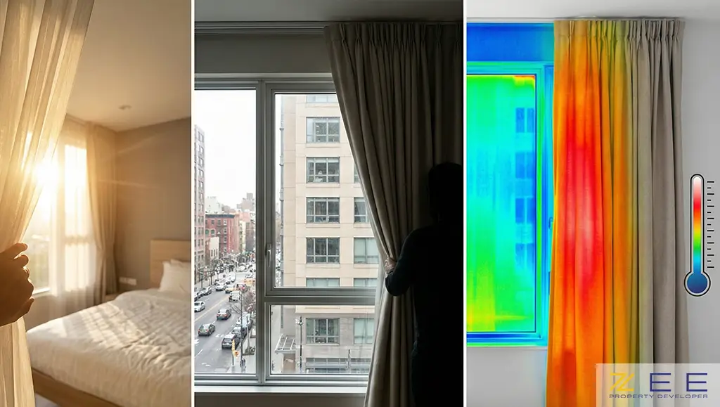 کلاژ سه بخشی نشاندهنده عملکرد پرده در کنترل نور، دید و حرارت