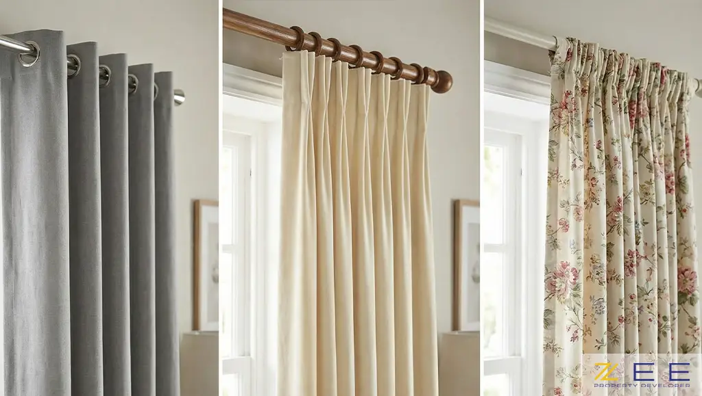 نمایش سه مدل متداول دوخت پرده: پانچ، پلیسه و جیبدار