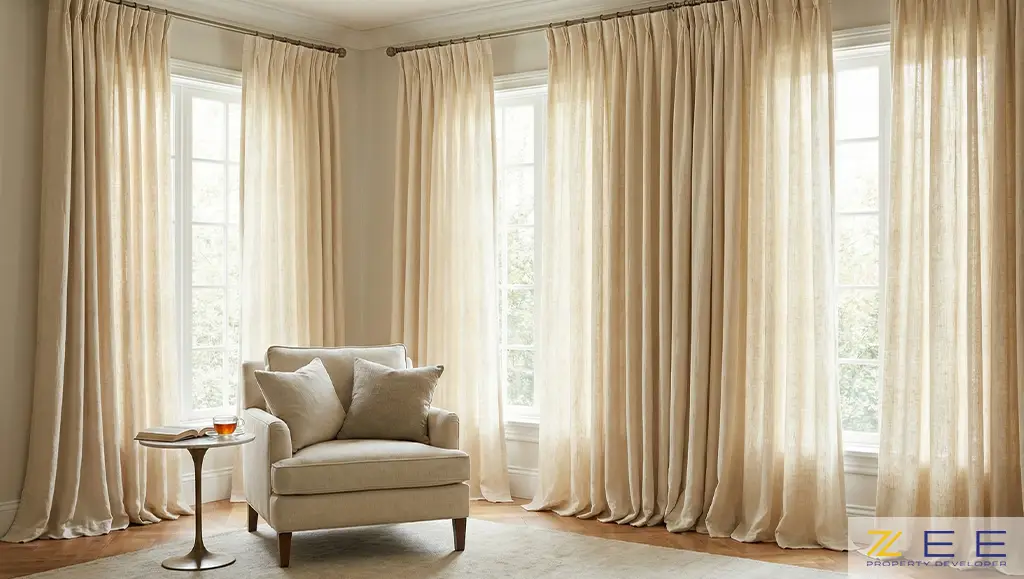 اتاق نشیمن با نصب اصولی پردههای لایهلایه و بلند