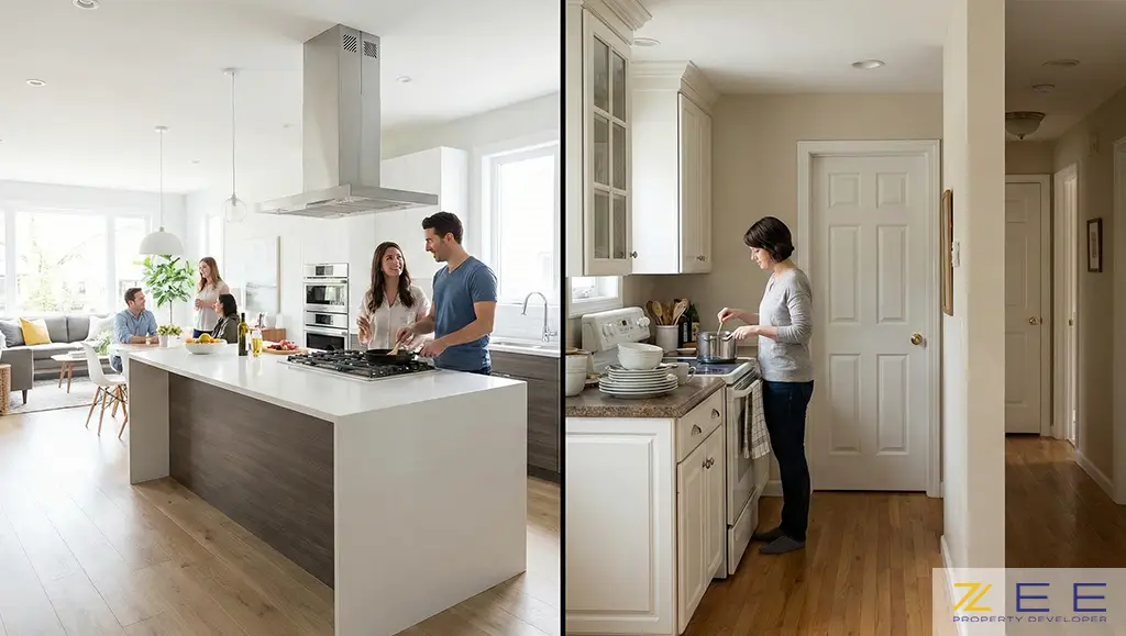 طراحی داخلی آشپزخانه اپن یا بسته مدرن با پلان باز و جزیره سنگی بزرگ متصل به اتاق نشیمن