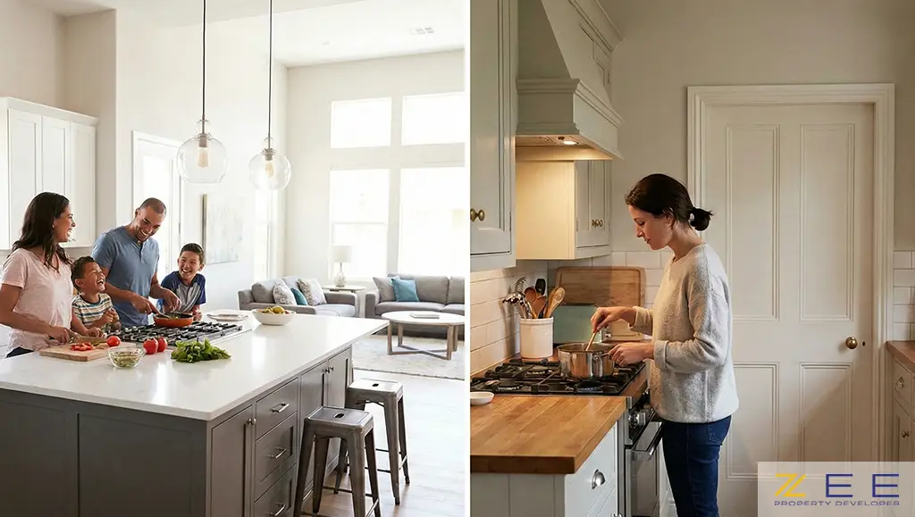 طراحی مدرن آشپزخانه نیمه باز با استفاده از دیوار شیشهای و فلزی برای جدا کردن فضا از نشیمن