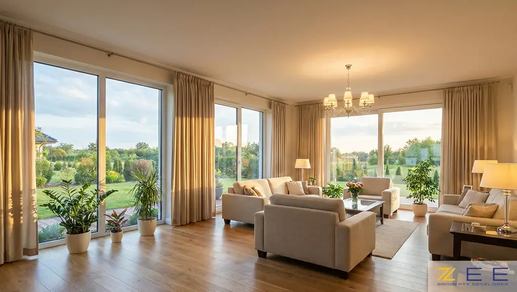 اتاق نشیمن دلباز با نورپردازی ترکیبی طبیعی غروب و تمام لامپهای روشن