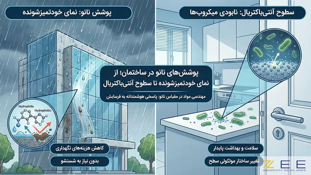 مقایسهی نمای خودتمیزشونده نانو و سطوح داخلی آنتیباکتریا