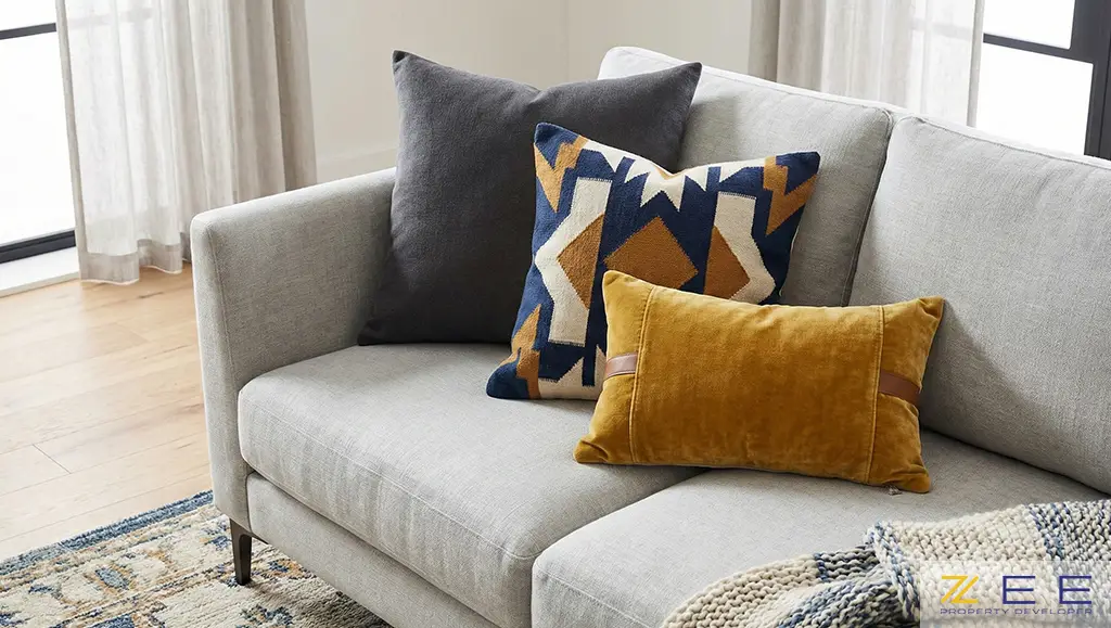 اجرای قانون سهتایی در چیدمان کوسن با ترکیب سایزها، رنگهای متضاد و طرحهای هندسی روی مبل