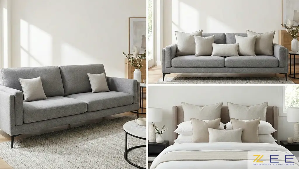 اهمیت ترکیب بافتهای مختلف (بافتنی درشت، مخمل، کتان) در کوسنهای همرنگ و خنثی