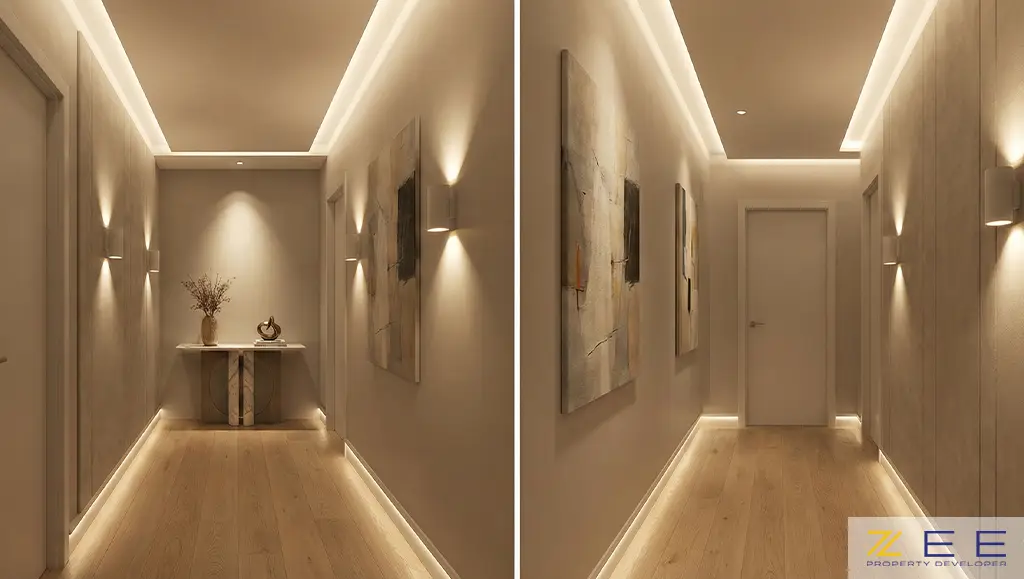 طراحی راهرو با نورپردازی لایهای گرم شامل نور مخفی سقف، کف و دیوارکوبها