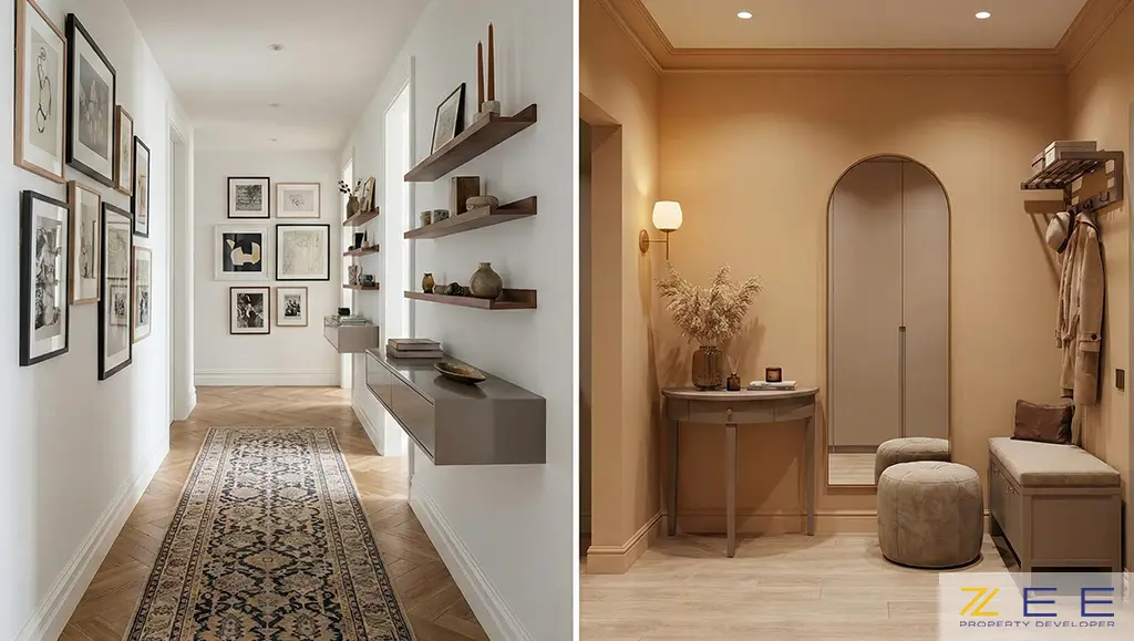 مقایسه طراحی راهروی باریک با فرش کناره در مقابل فضای ورودی مربعی با آینه قدی و نیمکت