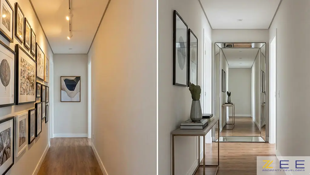 ایده دکوراسیون دیوار راهرو با گالری قاب عکس در یک سمت و آینه قدی بزرگ در سمت دیگر