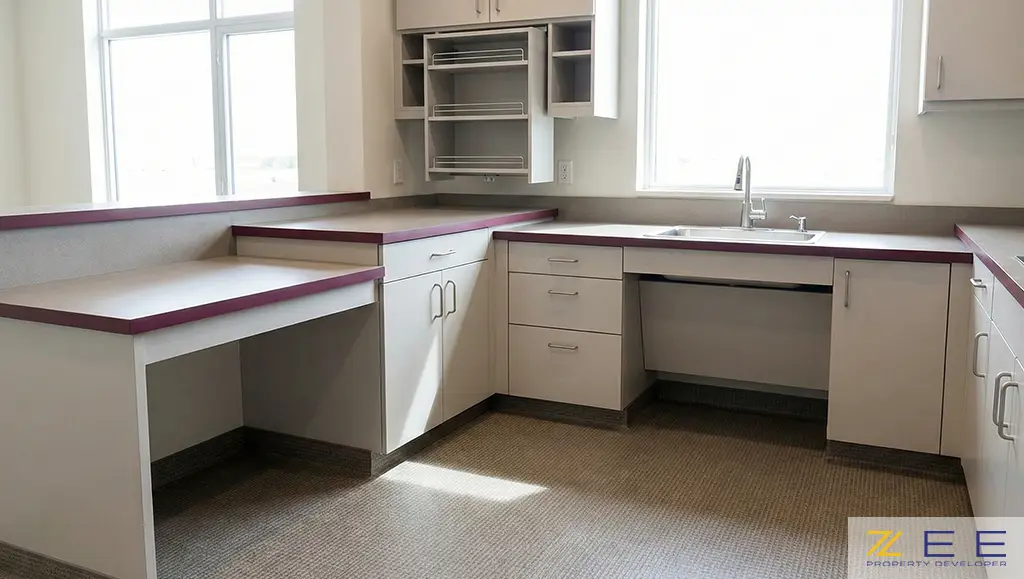 طراحی جهانی در آشپزخانه با سطوح کار چند تراز و فضای خالی زیر سینک برای دسترسی ویلچر