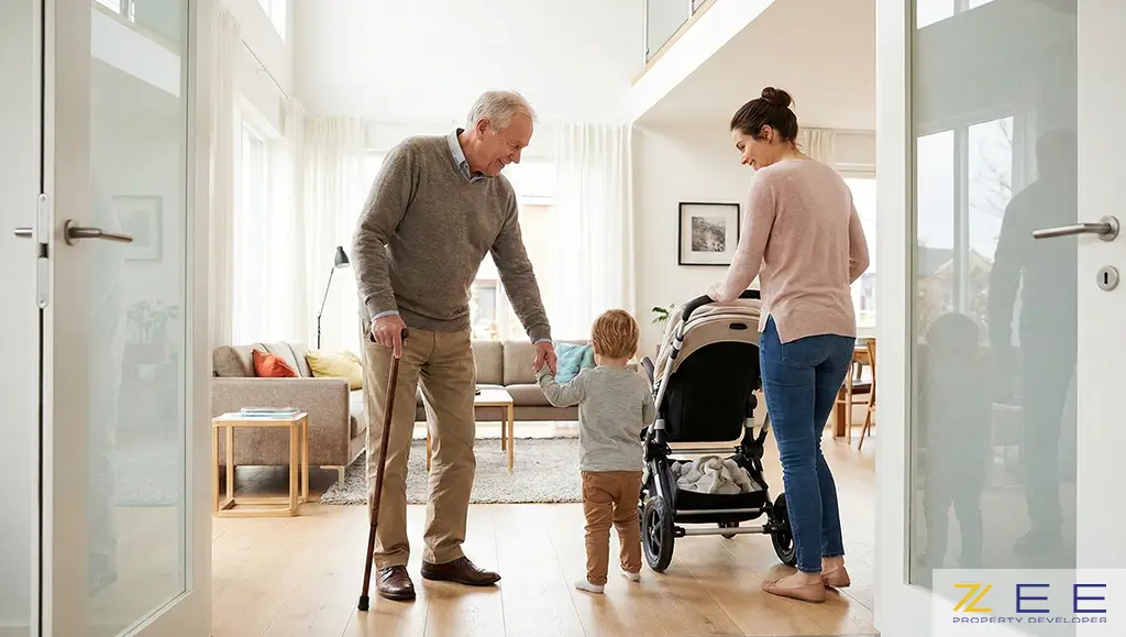 تعامل پدربزرگ و نوه در ورودی خانهای بدون پله و مانع، مناسب برای حرکت کالسکه و افراد کمتوان