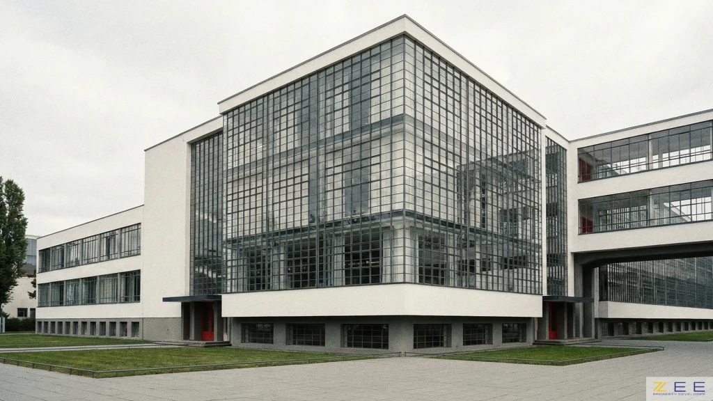 نمای بیرونی ساختمان مدرسه باهاوس در شهر دساو آلمان