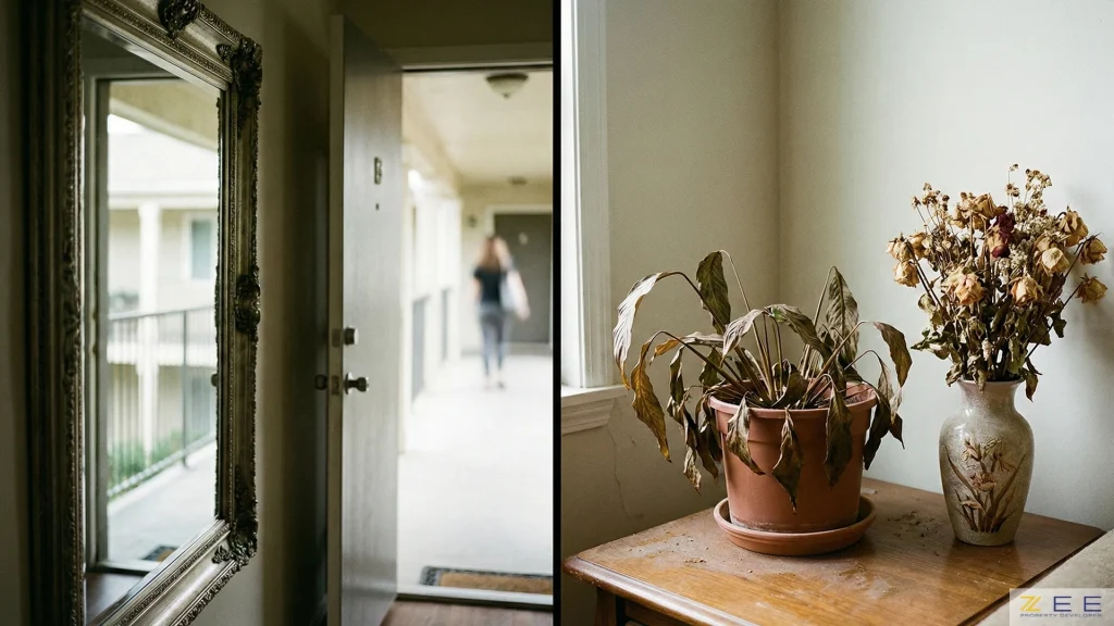 نمایش اشتباهات فنگ شویی؛ آینه مقابل درب و گیاهان خشکیده