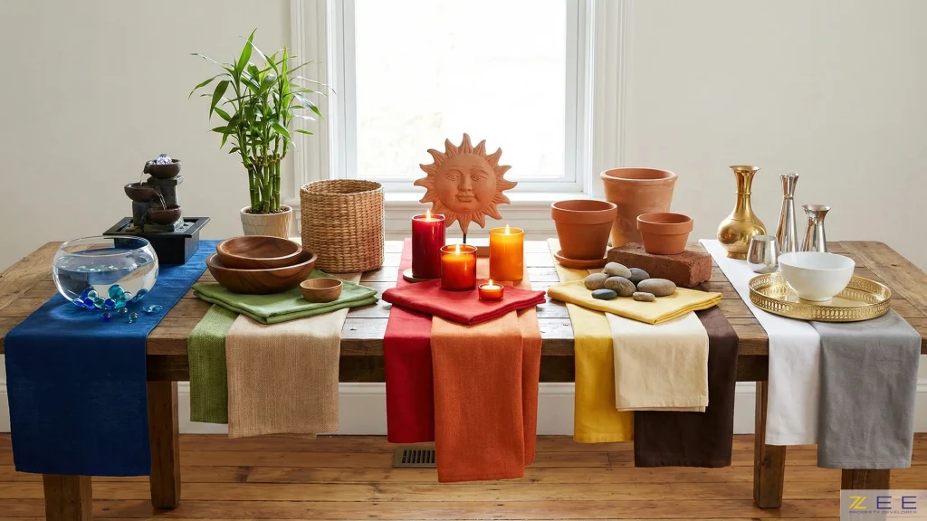 چیدمان نمادین عناصر پنجگانه فنگ شویی (آب، چوب، آتش، خاک، فلز) روی میز